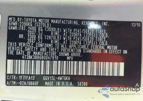 2011 Toyota Venza Base V6 from USA, damaged, VIN 4T3BK3BB6BU047910